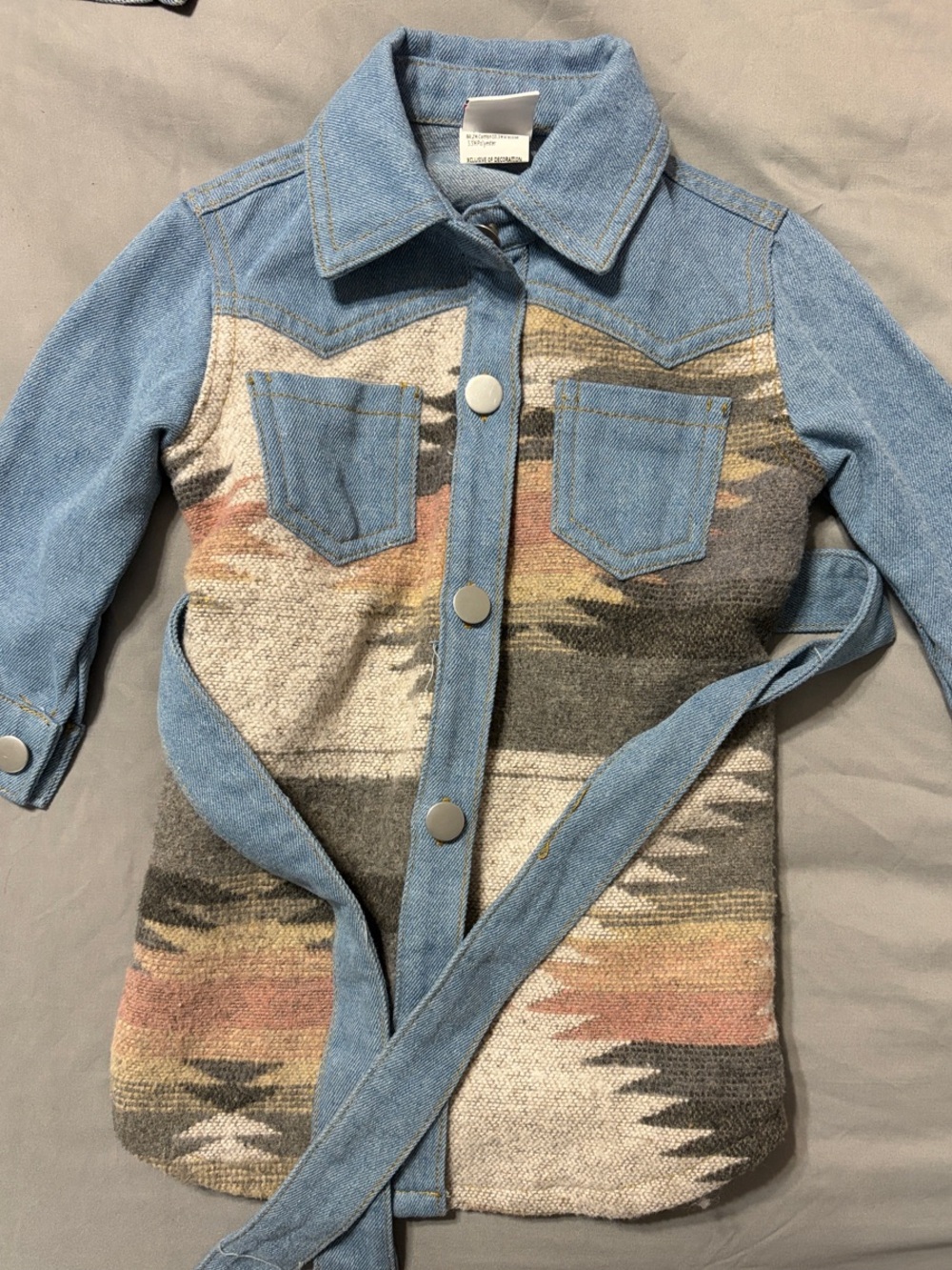 Girls' Southwestern Denim-Trim Jean Jacket in Light Blue and Tan